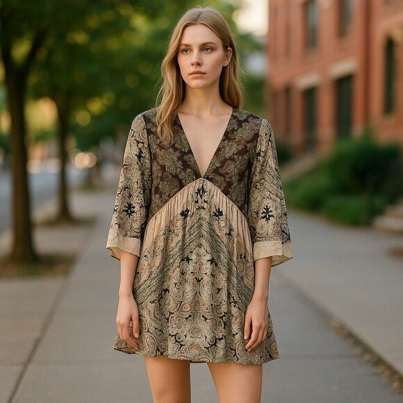 Free People Deep V Front BOHO Style Casual Mini Dress- size S - Picture 1 of 8